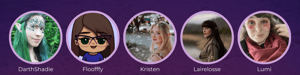 Circular icons for each member of the core five in a row from left to right: DarthShadie, Floofffy, Kristen, Larelosse, and Lumi.